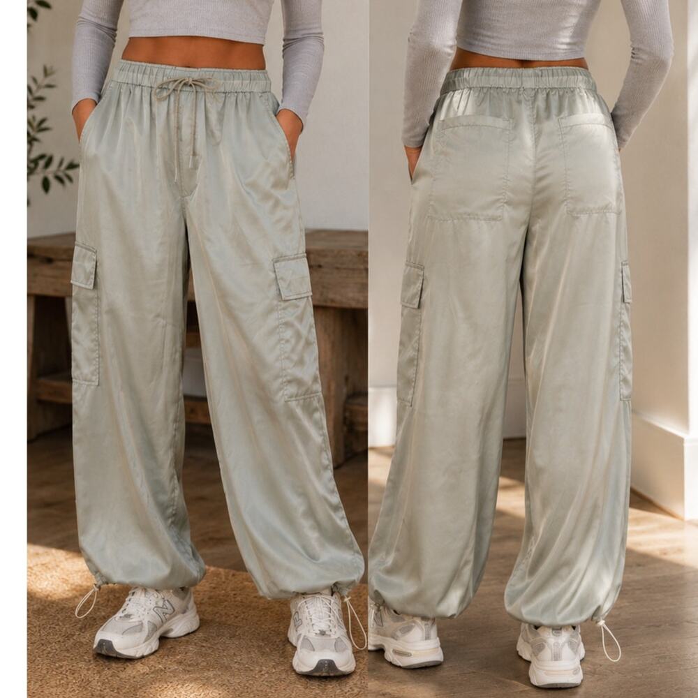 Pistola Sage Green Satin Cargo Joggers Size Medium